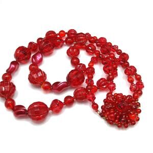 Vintage 1940s Red Lucite Beaded Necklace, Large Beaded Clasp
